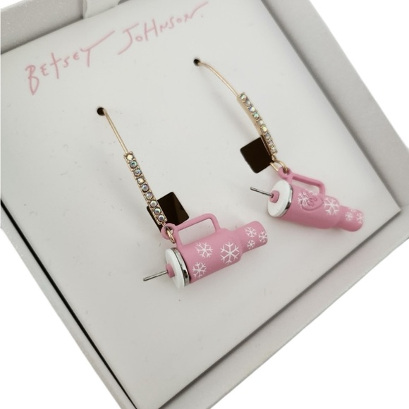 BETSEY JOHNSON Christmas Holiday Pink & White Snowflake Stanley Cup Earrings NWT - Picture 7 of 13